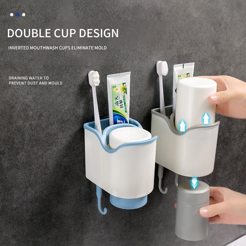 Nordic Double Cup Magnetic Toothbrush Holder Mouthwash Cup Punch-free Suction Wall Couple Toothbrush Plastic Bathroom Accessorie