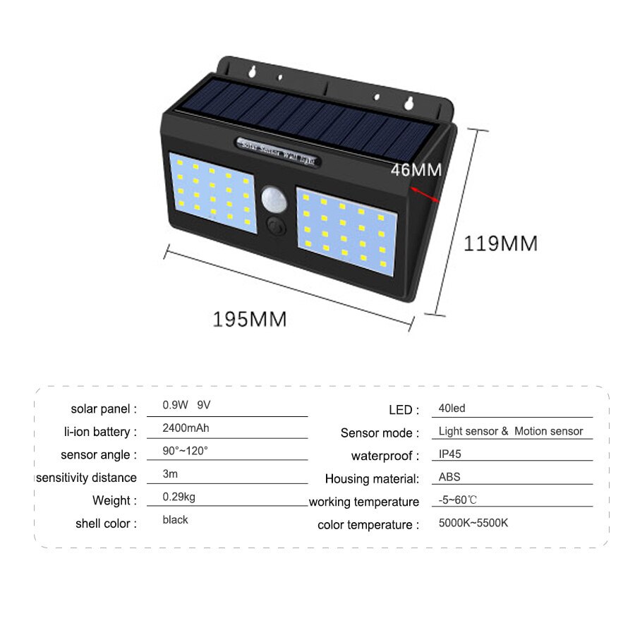 1200 mah pir bevegelsessensor solcelle led vegglampe 20 40 lysdioder  ip65 utendørs veranda lys automatisk av/på hage garasje sikkerhetsbelysning: Kald hvit