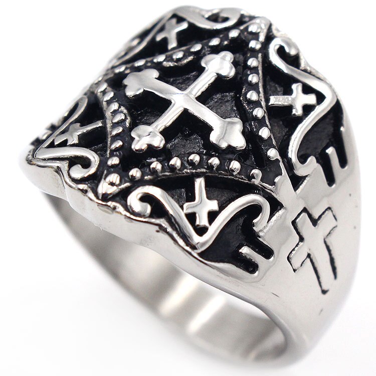 AsJerlya Retro Jesus Cross Ring Men Stainless Steel Cool Biker Ring Jewelry For Women Man Religious Belief Rings Jewelry