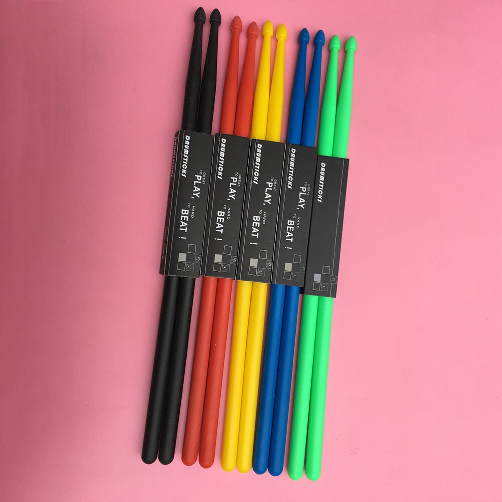 5 Pairs of Nylon Drumstick Drum Sticks Set Wood Tip Drumstick Percussion Lightweight (Yellow Red Green Blue Black)