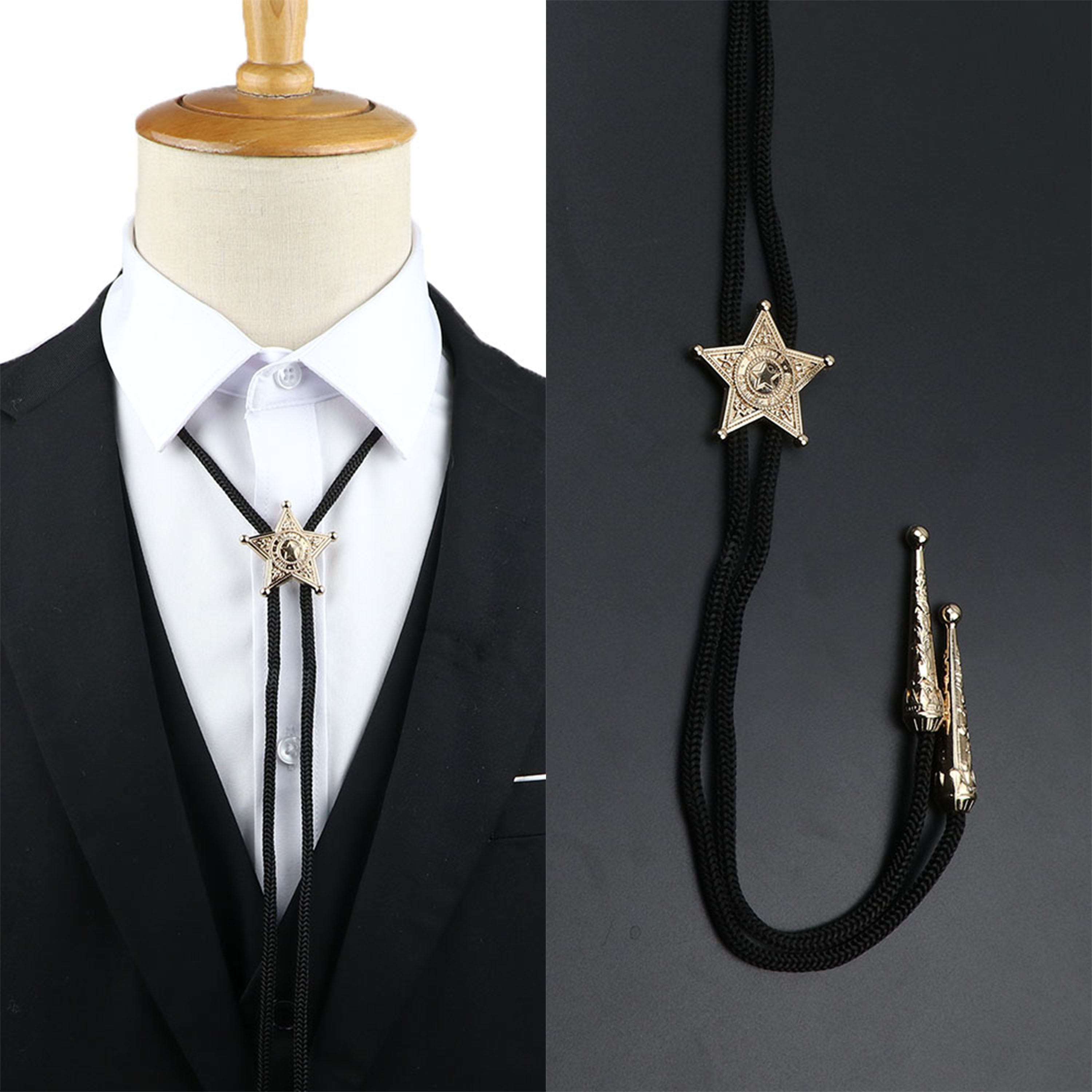 Bolo Tie Necklace - Leather Rope Chain - Plaid Pattern - Cowboy Jazz Style - Unisex Adult Accessory: GRAY