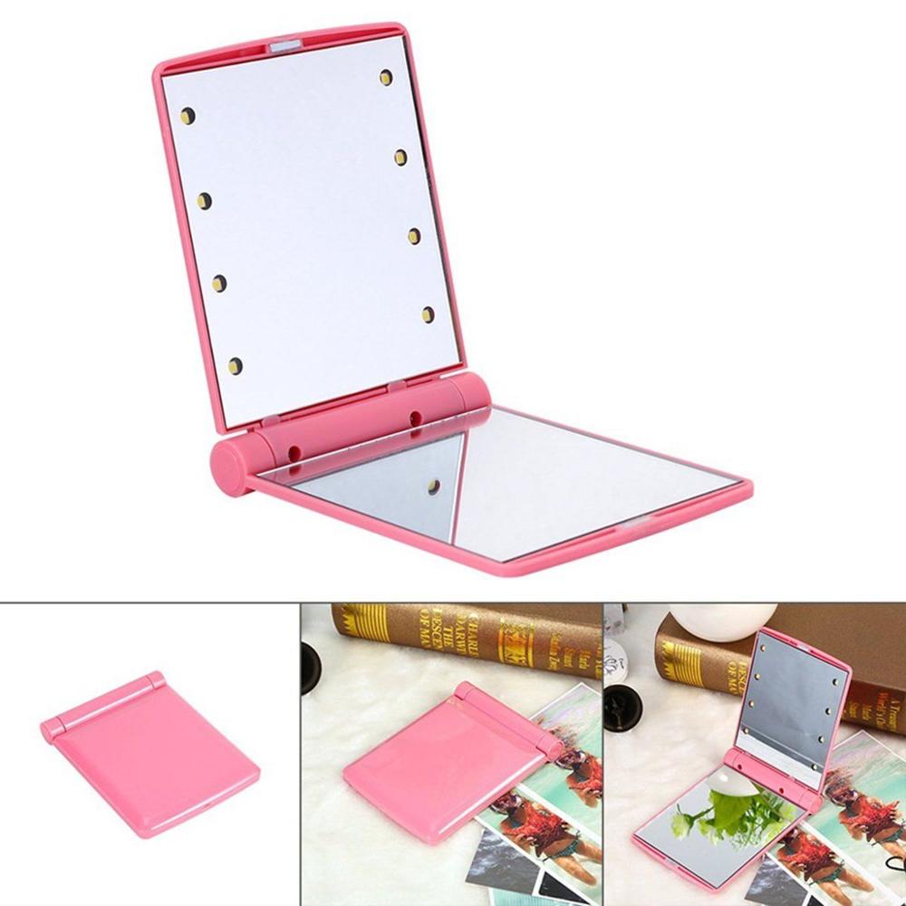 Portable 8 LED Lights Makeup Mirrors Double-Sided Cosmetic Mirror Folding Compact Pocket Mirror With Lamps Women Beauty Tool: Pink