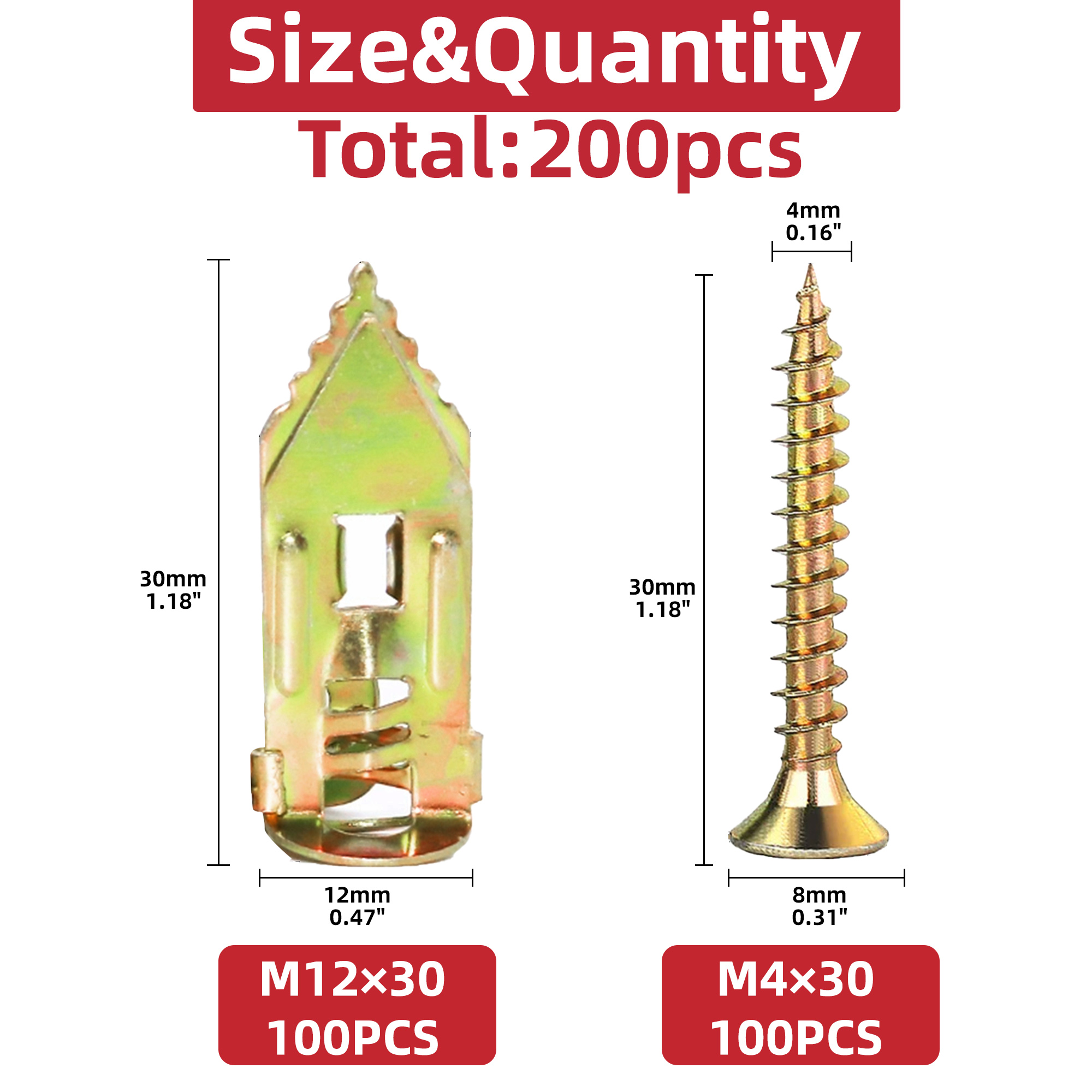 30/60/100 sæt selvborende gipsankre med skruer og  a 30mm længder gipsudvidelsesskrue til gipsanker