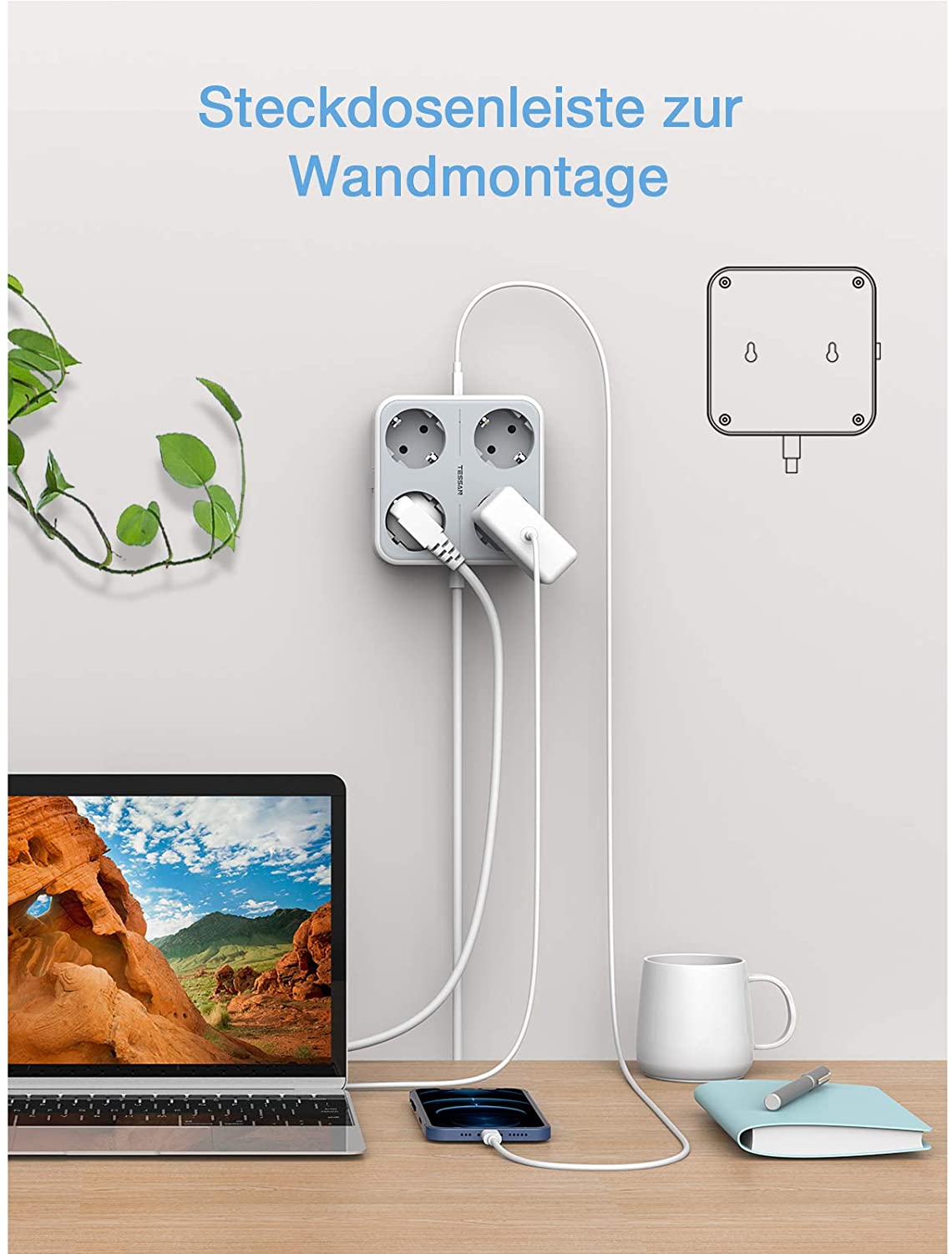 Desktop Power Strip with 1.5M/5ft Wire 3 USB Ports On/Off Swtich Mountable Multi Outlet EU Plug Socket Mini USB Charging Station