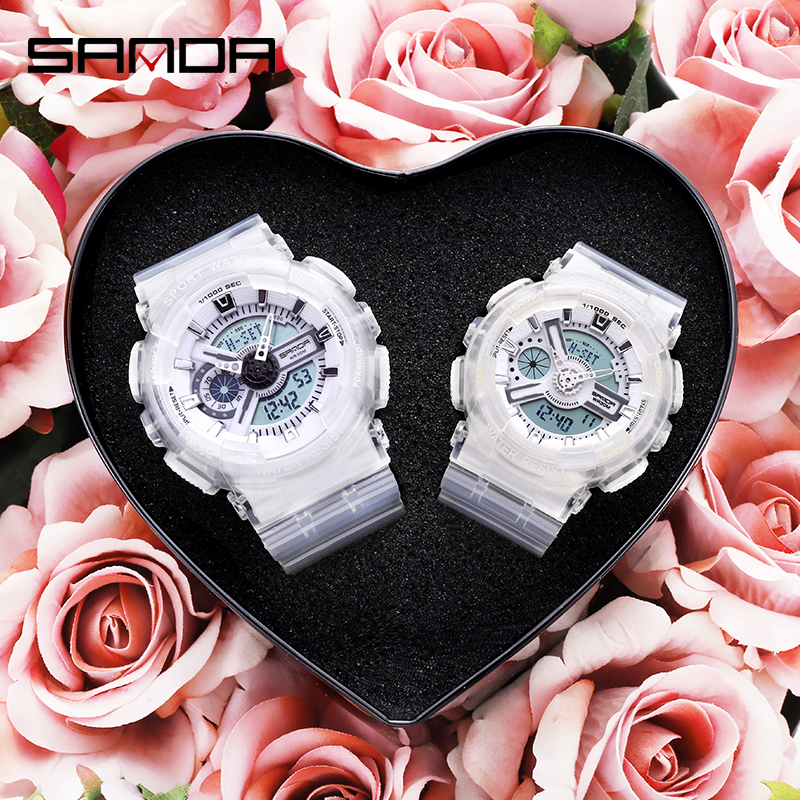 SANDA montre hommes et femmes montres transparentes étanche multi-fonction lumineux sport Double affichage Couple montre électronique