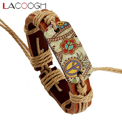 Lacoogh vintage etnisk boho retro reb læderarmbånd charme mænd kvinder fredstegn armbånd armbånd håndvævet smykker: Default Title
