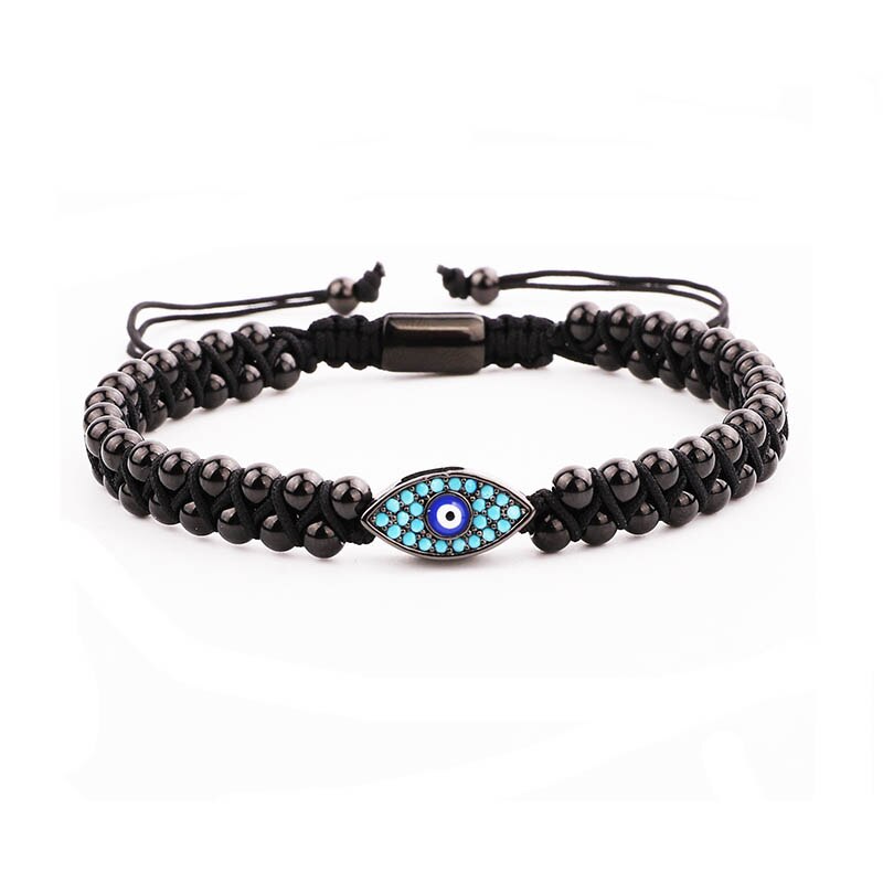 femmes hommes Bracelet en acier inoxydable perles bleu CZ oeil breloque tressé macramé perlé Bracelet d'amitié chanceux: Black