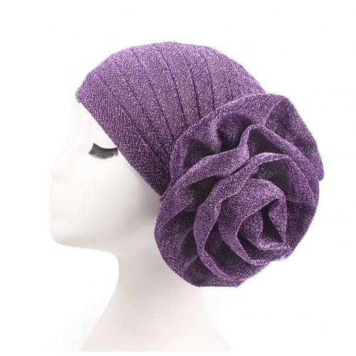 Muslim Hat Big Flower Glitter Turban Hat Muslim Indian Cap Women Head Wrap Headwear Solid Color Women's Hat Breathable: Purple