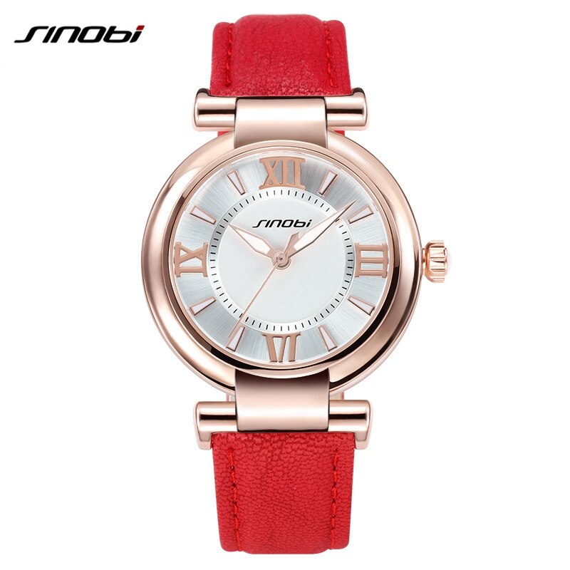 Sinobi billige kvinder læderur damer armbåndsur afslappet piger kjole armbåndsur ur timer reloj mujer: Rød
