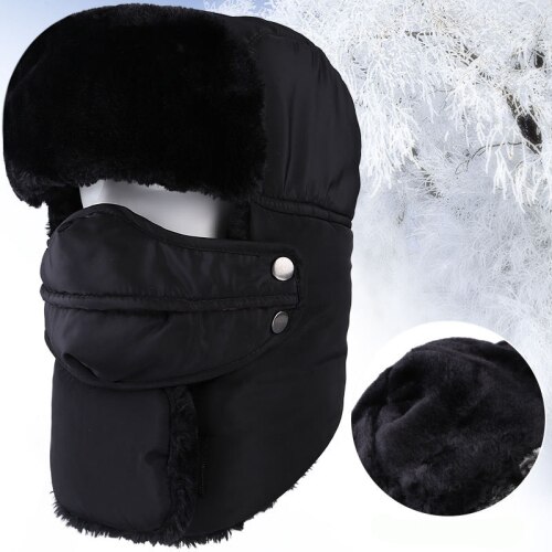HT2097, gorro ruso para hombre y mujer, gorro de invierno cálido con orejeras, gorro de invierno para esquiar, gorro de piel con máscara Ushanka, gorro de Bombardero: Black