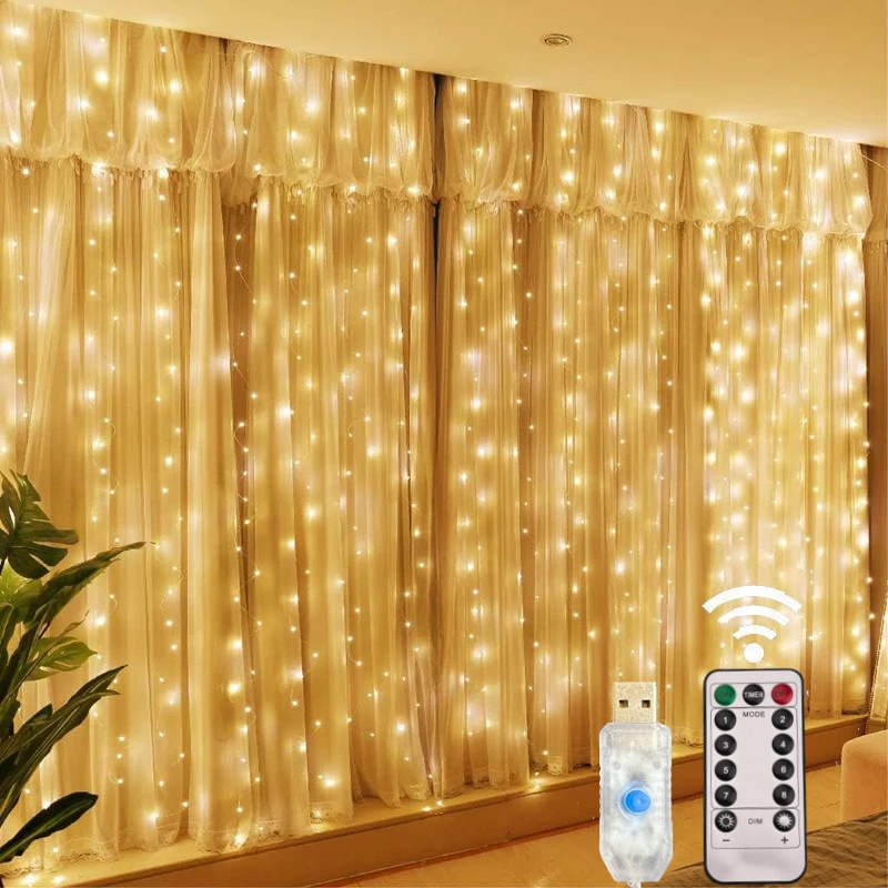 Luces navideñas LED guirnaldas de luces de cortina 8 modos remoto USB adorno decoración navideña para el hogar vacaciones lámpara de Año