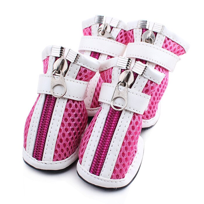 4 Teile/satz Hund Schuhe Gittergewebe Oberfläche Atmungs Haustier Schuhe Baumwolle Tuch Reißverschluss Hunde Schuhe Frühling Coole Schuhe Für Chihuahua: Rose rot / Nein. 4