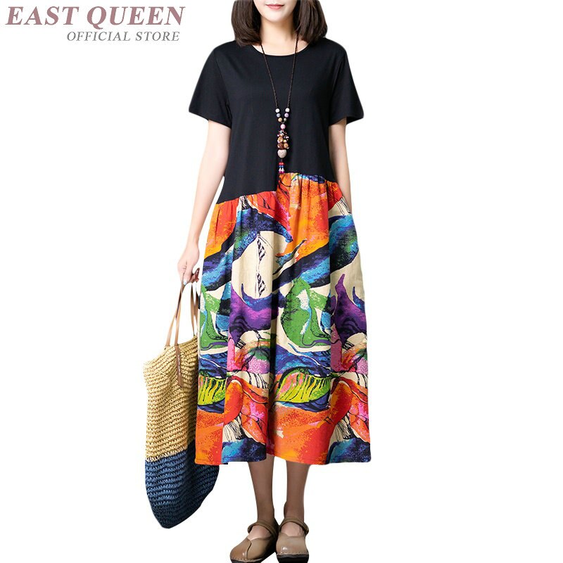 Løse afslappede kjoler til kvinder sommer patchwork bomuld linned retro kjole kinesisk stil lang kjortel vintage femme  ta1761: 1 / Xl