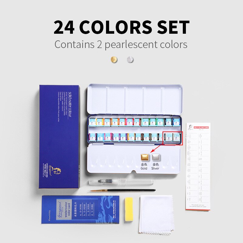 Giorgione High-End Kunstenaar Aquarel Verf Set Bevat Parelmoer Kleur Met Aquarel Kwast In Een Draagbare Metalen Doos: 24 color