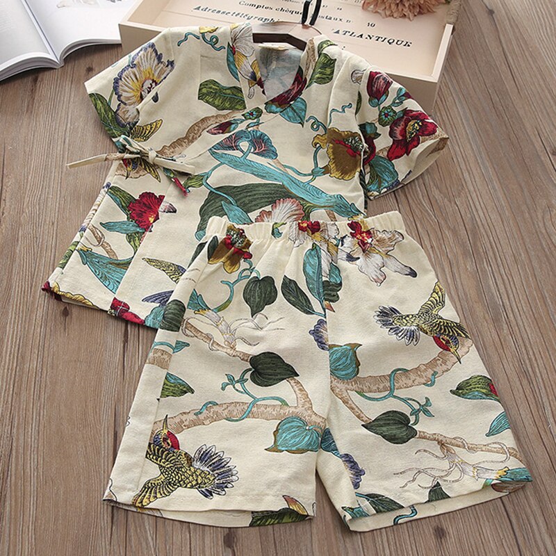 Zomer kinderpyjama's katoen en linnen retro jongens en meisjes pyjamaset japanse stijl bedrukte huiskleding