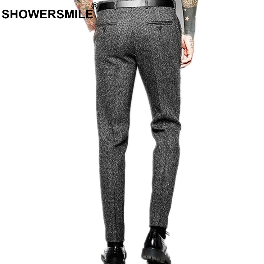 Showersmile herr retro byxor ylle byxor herr business grå fiskbens slim fit klänning byxor tweed ylle kläder england stil