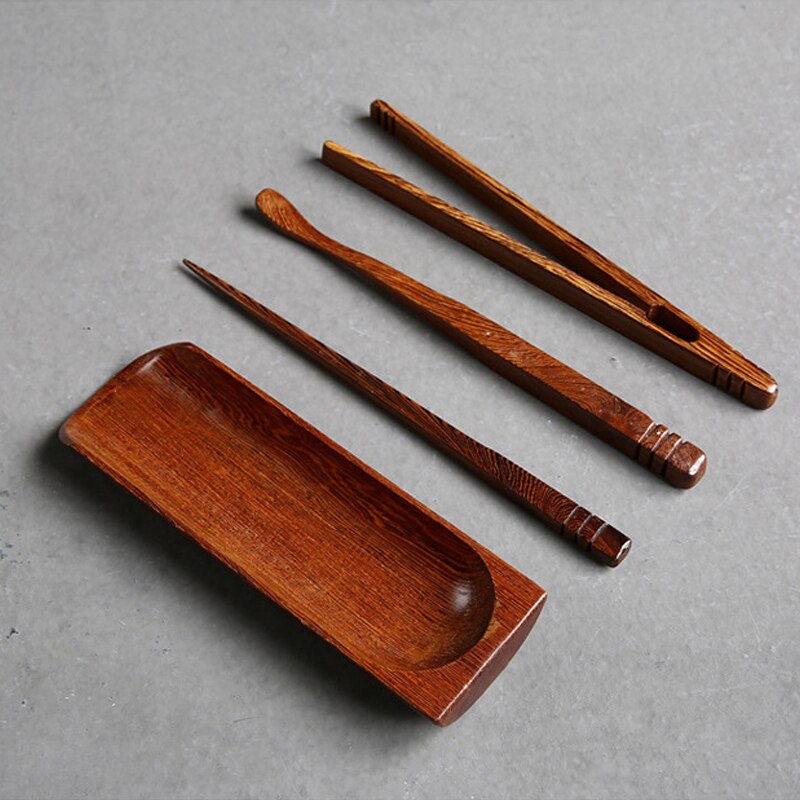 S /4 handgemaakte wengé houten cha dao theeclip + naald + schepje + cha he