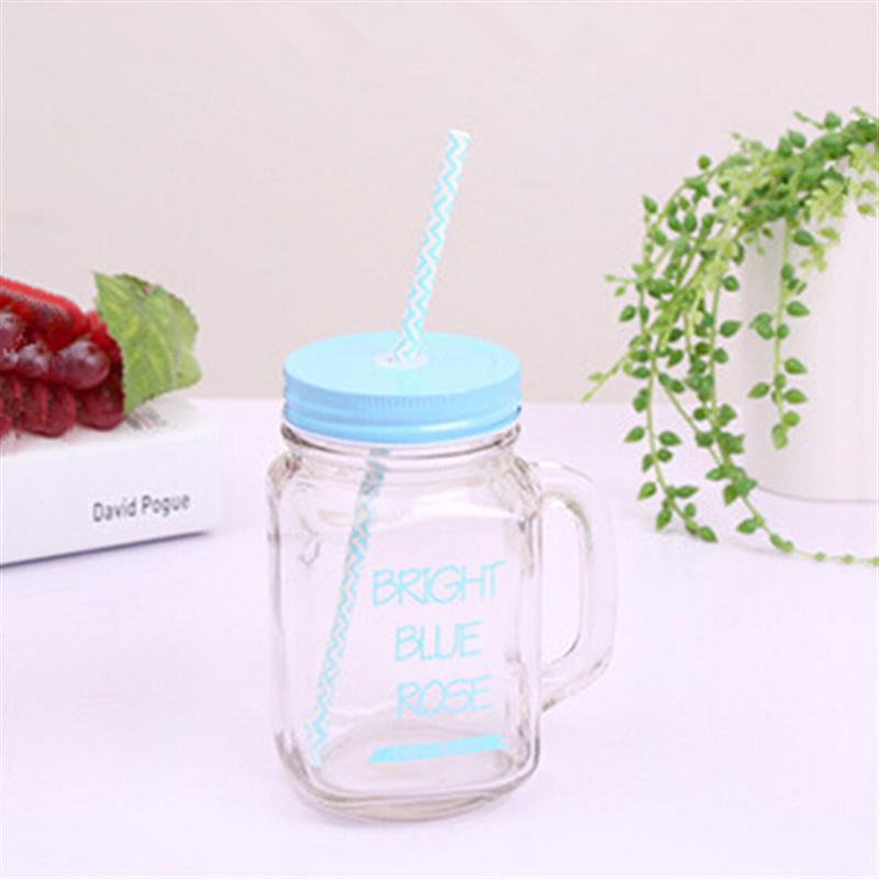 Bouteille transparente en verre, pour jus de fruits, jus de fruits et boissons fraîches, contenant en paille pour le Sport, bocal à maçon et citron, avec couvercle: Bleu ciel