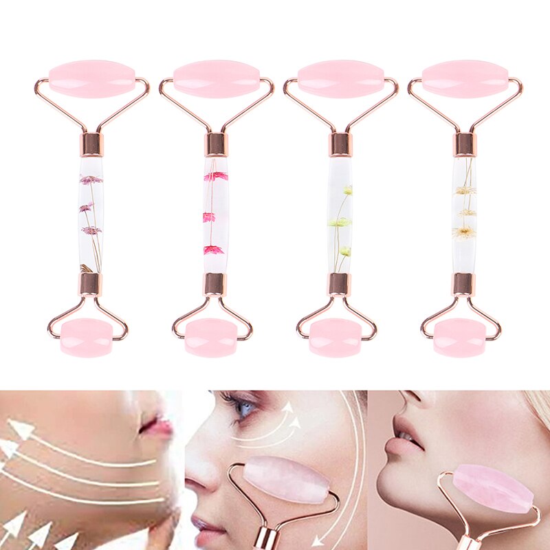 1Pcs Rose Quartz Jade Roller Bloem Pole Roller Gezicht Lifting Massager Facial Manuele Massage Roller