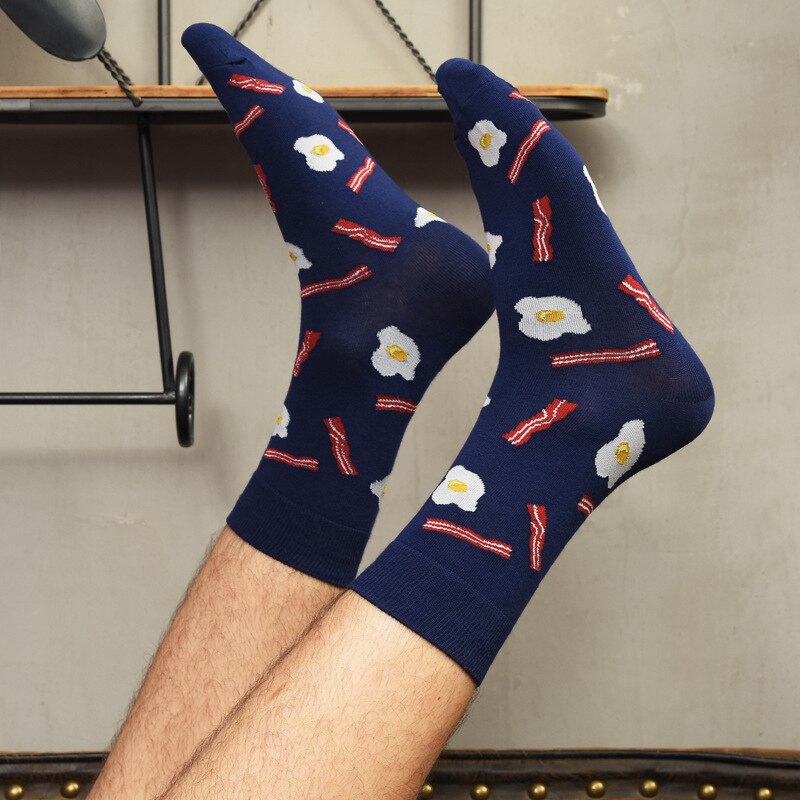 Calcetines divertidos de algodón peinado para hombre y mujer, medias con diseños divertidos, desayuno, cerveza, patatas fritas, Bacon, plátano, huevos fritos, comida, dibujos animados