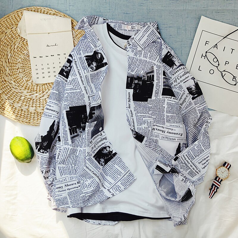 Shirt Men Long Sleeve Tops Newspaper Printed Single Breasted Mens Shirts Korean Style Plus Size Clothing Retro