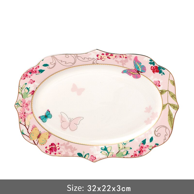 Ceramic Plate Set Glazes Party Flora Tableware Set Porcelain Breakfast Dessert Plates Dishes Noodle Bowl Coffee Cup Home Decor: pink 12 inch plate