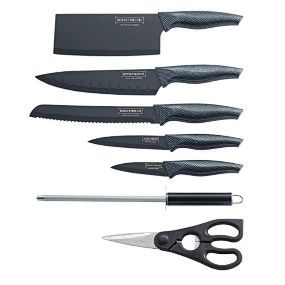 Pasa el ratón por encima de la imagen para ampliarla Royalty Line - RL-CB8 - Juego de Cuchillos de Cocina, de Antiadherente, con Soporte, Negro, 8 Piezas
