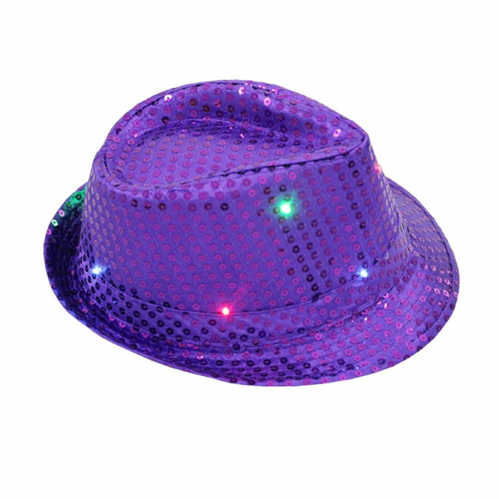 Men Women Glitter Sequin Flashing Light Up LED Fedora Trilby Cap Dance Jazz Hat Gangster Party Costume