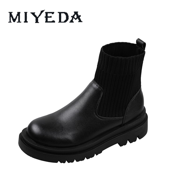 Grosses bottes femme dernière Slip-on tissé Patchwork PU haut bout rond noir Beige léger Chelsea bottes femmes chaussures