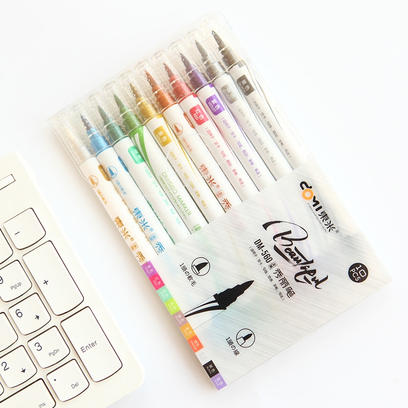 Dm 10 Stks/partij Dual Zachte Borstel Marker Metallic Marker Pen Fine Liner Pennen Set Tekenen Schilderen Diy Scrapbooking Ambachten