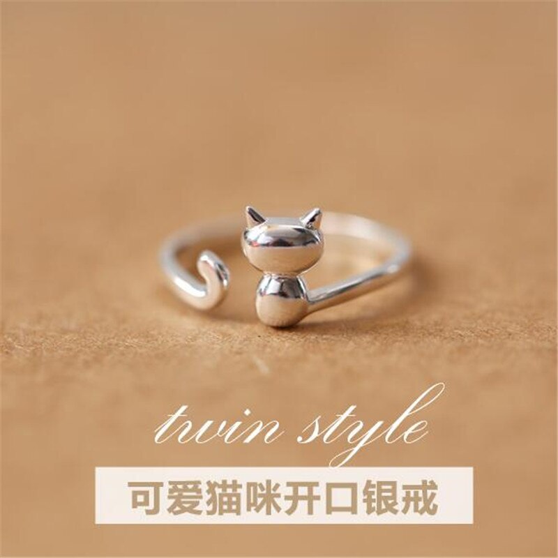 925 Sterling Silver Jewelry Popular Korean Small Fresh Cute Cat Opening Simple Rings SR4