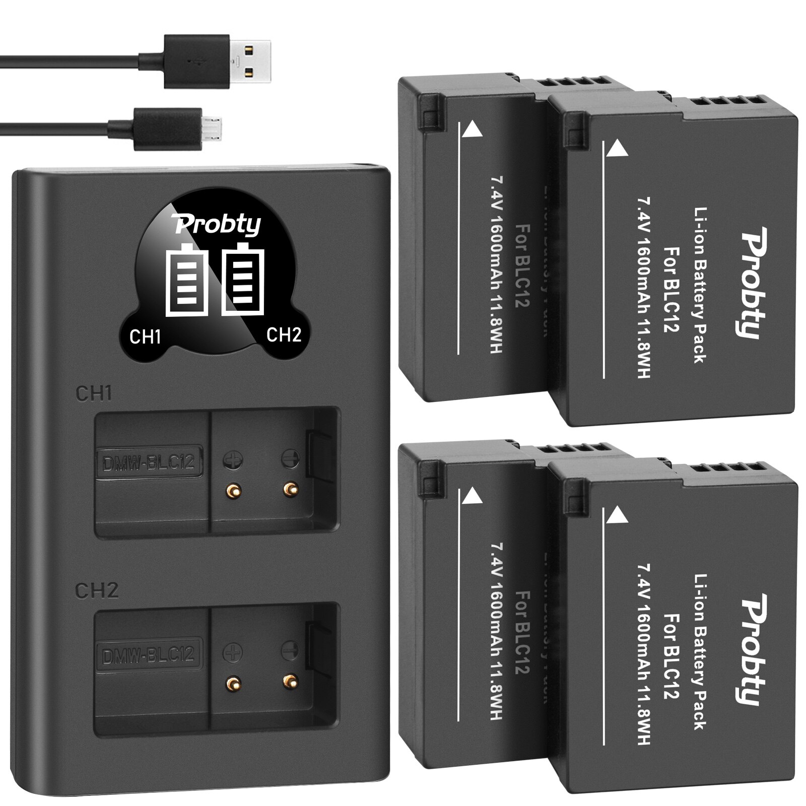 Batteries BLC12E DMW-BLC12 + double chargeur pour Panasonic Lumix FZ1000,FZ200,FZ300,G5,G6,G7,GH2,DMC-GX8: 4BatteryWithCharger