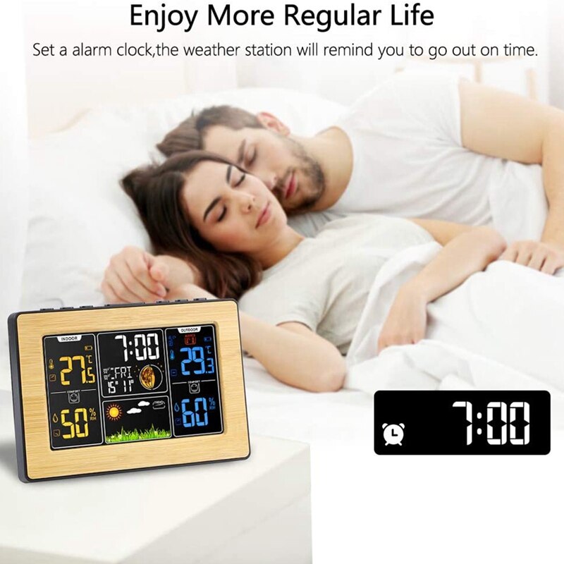 Bezprzewodowy wewnętrzny termometr zewnętrzny, stacja prognozy z kalendarzem i regulowanym podświetleniem dla sypialni-żółty bambus