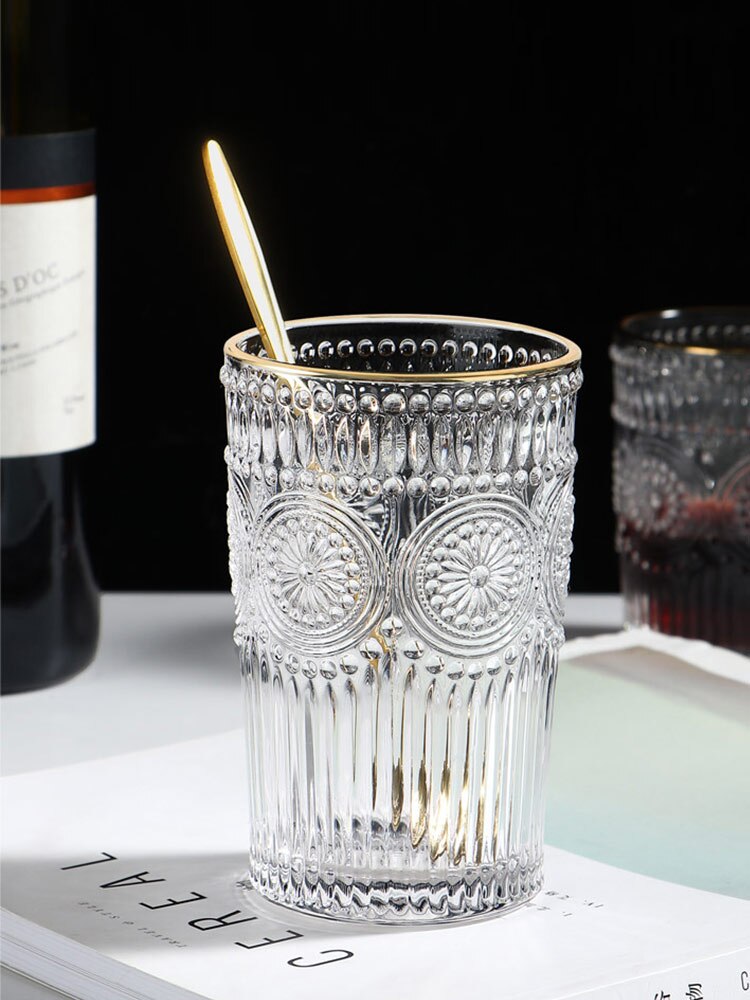 Tableware Crystal Whiskey Glass Cup Relief Glass Cup Juice Cup With Gloden Edge Thickened Water Cup Wine Cup Glass Party Use