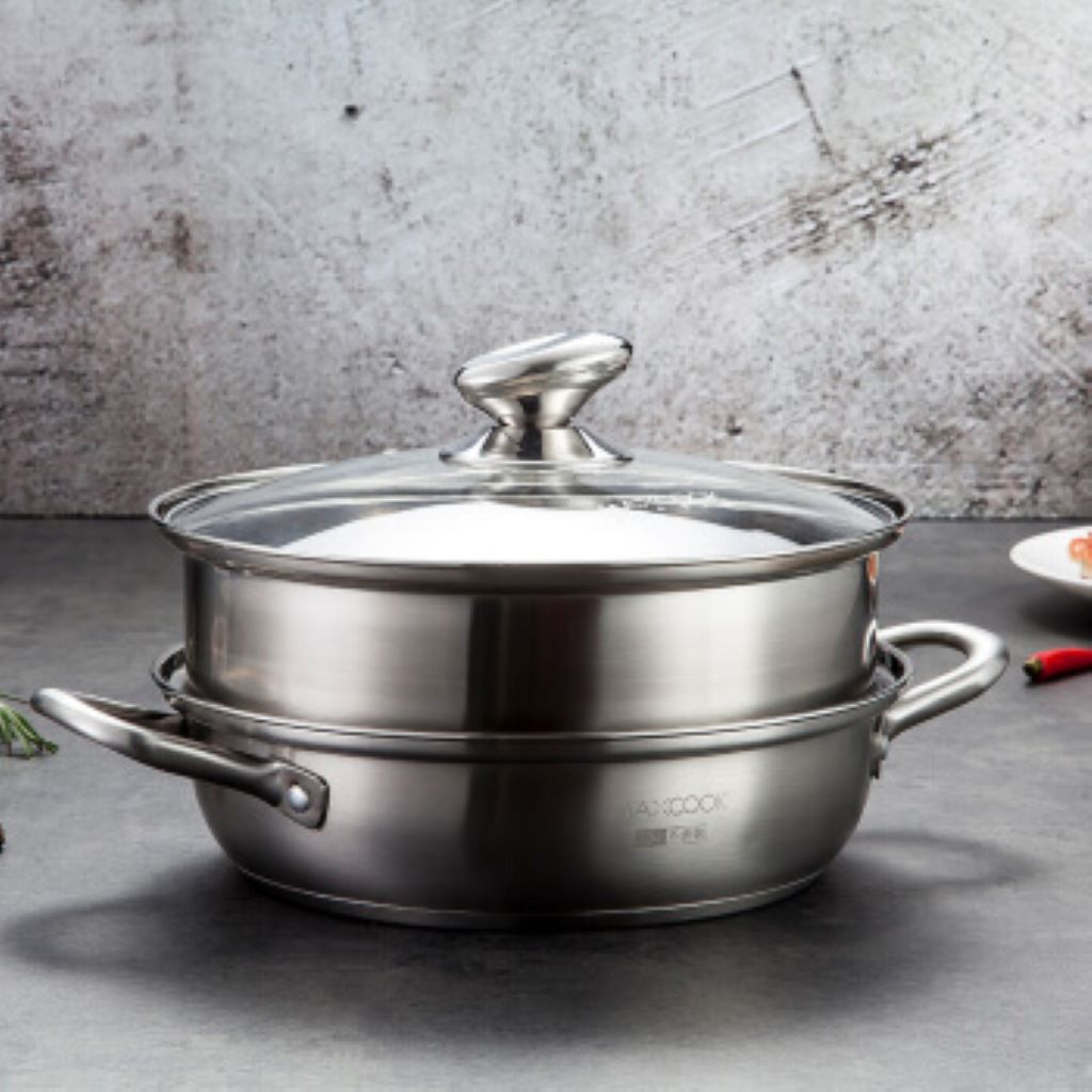 Premium Heavy Duty Stainless Steel Steamer Pot Cooking Pot with Glass Lid | Stack and Steam Pot for All Cooking Surfaces