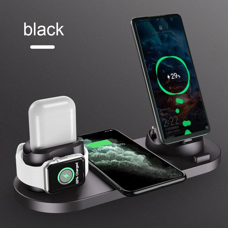 Station de charge sans fil 6 en 1 pour iPhone/Android/téléphones USB type-c 10W Qi, charge rapide pour Apple Watch AirPods Pro,: Black 6 In 1