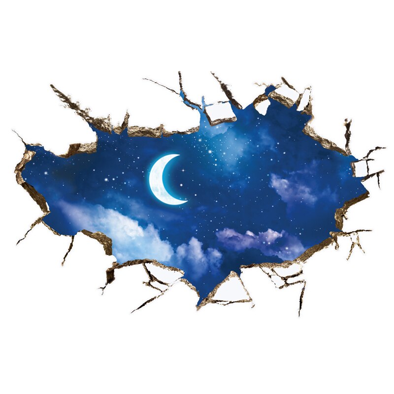 Night Moon Sky wall stickers Broken Hole 3D kids rooms Bedroom background home decor art decals landscape False windows stickers