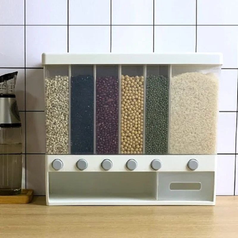 Dispensador de arroz y cereales montado en la pared, 6 estantes automáticos a prueba de humedad, caja sellada de almacenamiento de alimentos, contenedor de almacenamiento de arroz