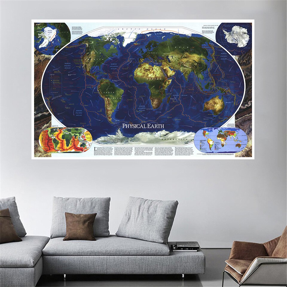 The World Map Physical Earth 150*100cm Wall Posters and Prints Non-woven Canvas Painting School Office Supplies Home Decoration