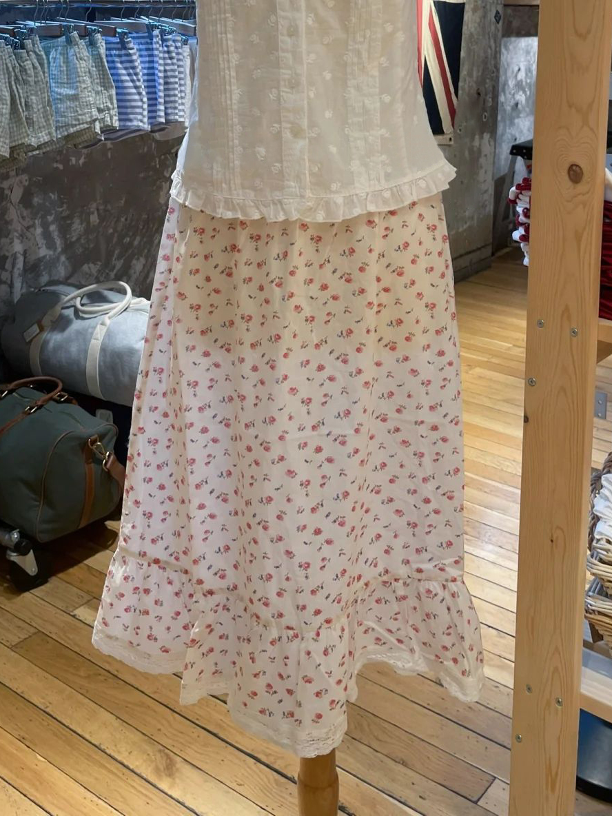 Røde blomstrede midi-nederdele kvinder sommer blondekant a-linje lange faldas kvindelige preppy stil all-match søde søde bomuldsnederdele  y2k: Default Title
