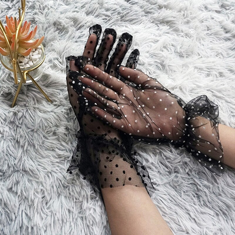 Gants en Tulle pour femmes, 1 paire, transparents, courts, imprimés à pois, noirs, blancs, en maille, pour soirée en Club, robe de danse,