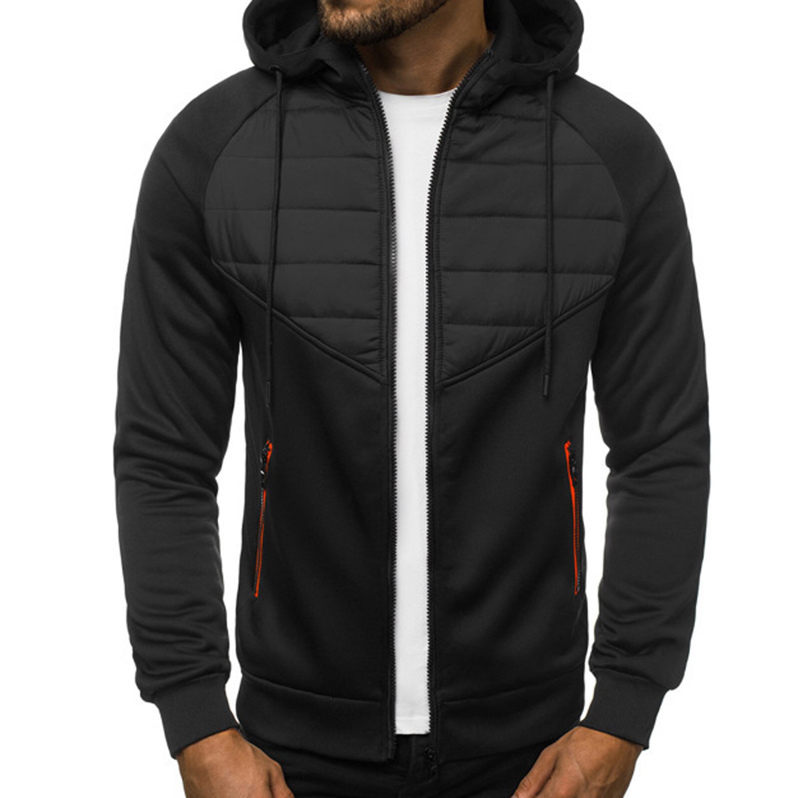 Men Autumn Hoodie, Splicing Hooded Long Sleeve Zip-Up Sport Jacket with Pockets for Boys, 3 Colors: L / A