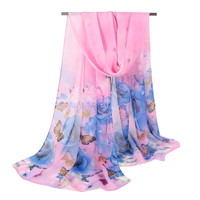 Sjaal voor dames stijl vlinder voile zachte lange zijden sjaal bedrukte wikkelsjaal stola sjaals chiffon sjaal