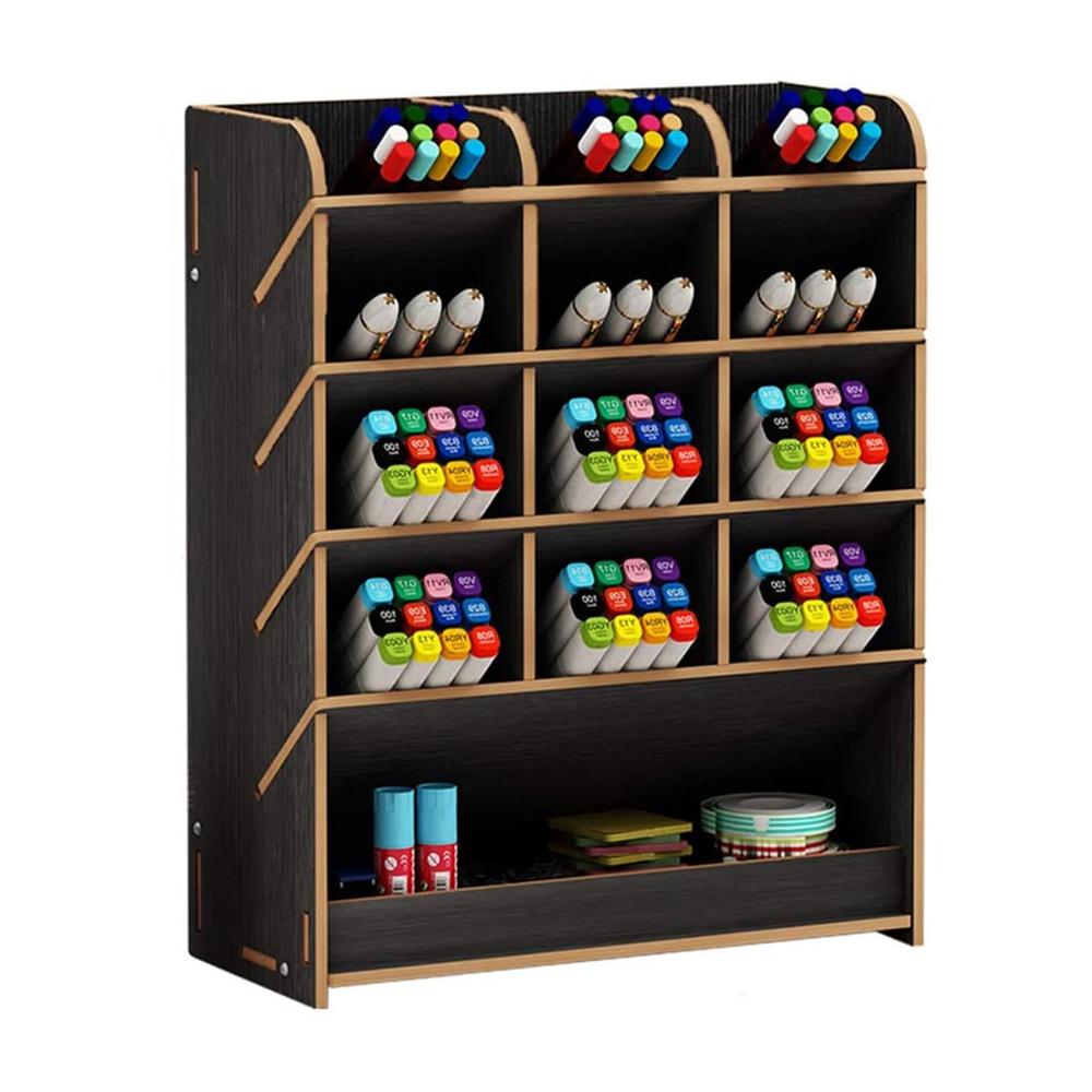 Wooden Desk Organizer Multi-Functional Pen Pencil Crayon Holder Storage Rack Box for Office School Home Supplies: Black