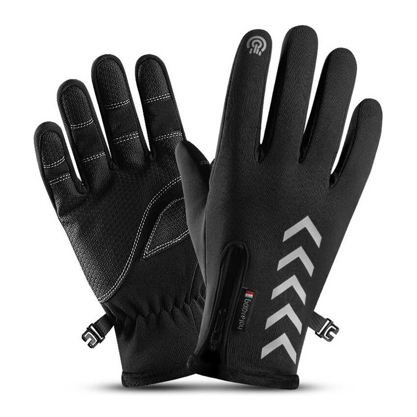 Gants de moto d'hiver pour hommes, bande réfléchissante, écran tactile, imperméables, antidérapants, cyclisme, ski, coupe-vent, chauds, en peluche: Black / XL
