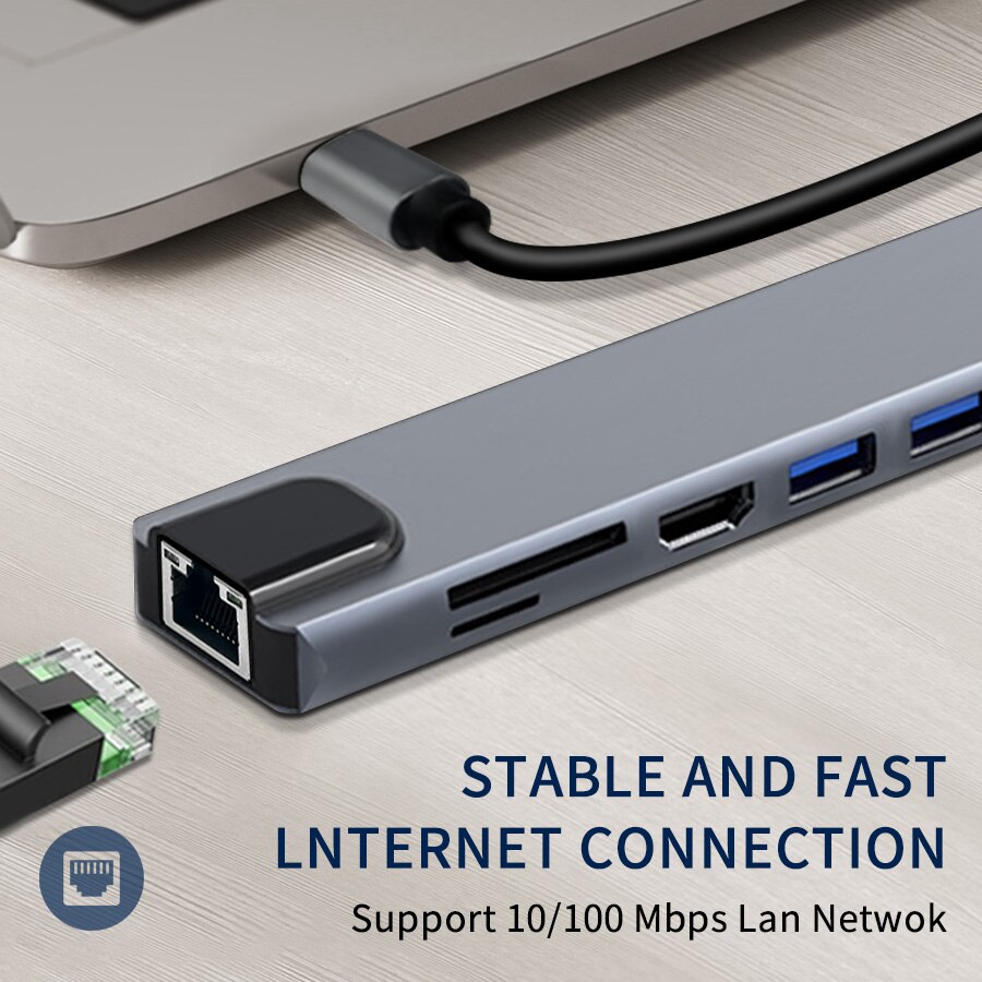 USB C Hub 8 in 1 Type C 3.1 naar 4K HDMI-adapter met RJ45 SD/TF-kaartlezer PD snel opladen voor MacBook Notebook Laptop Computer