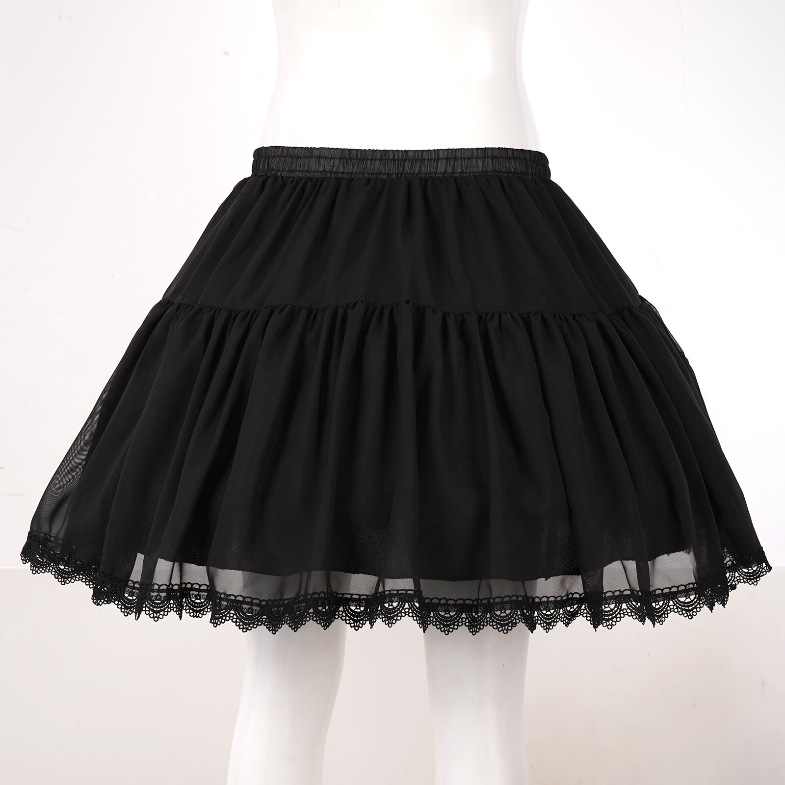 Women Girls Sweet Black Lace Trim Hoop Tutu Petticoat Crinoline Cosplay Elastic Waistband Chiffon Slips Underskirt Lolita Skirt