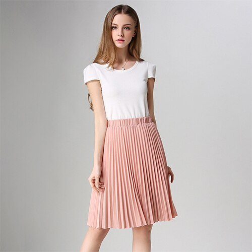 Surmiitro, Falda plisada de gasa para verano, para mujer, , Midi, largo hasta la rodilla, unicolor, 2 capas, cintura alta, falda de corte a para escuela y sol para mujer: Rosa