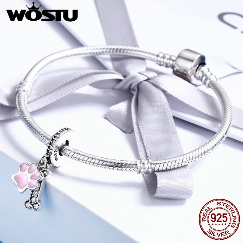 WOSTU nowa kolekcja 925 srebro zwierząt śchłopak psiej łapy i placki wisiorek z kością czar dopasowanie bransoletka z koralików DIY biżuteria CQC452