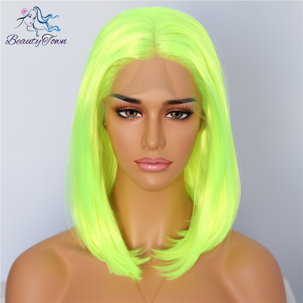 BeautyTown Short Neon Yellow Color Natural Bob Style Queen Makeup Women Wedding Halloween Party Synthetic Lace Front Wig